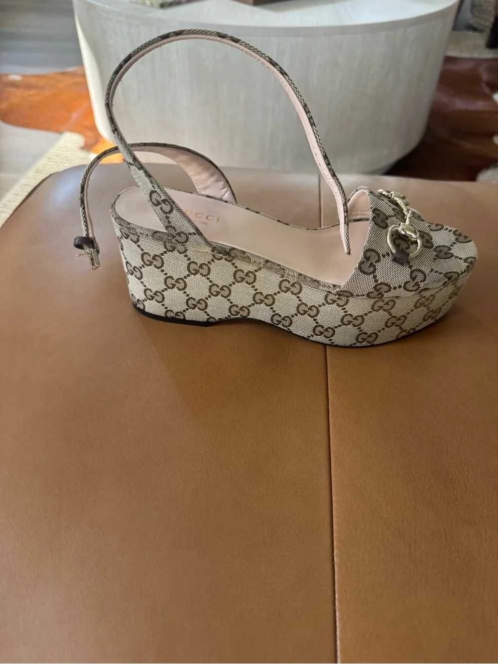Gucci Tan Monogram Platform Slingback Sandals with Gold Horsebit